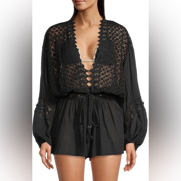Ramy Brook Pants - NWOT Ramy Brook Hilary Ballon-Sleeve Embroidered Romper in Black size S